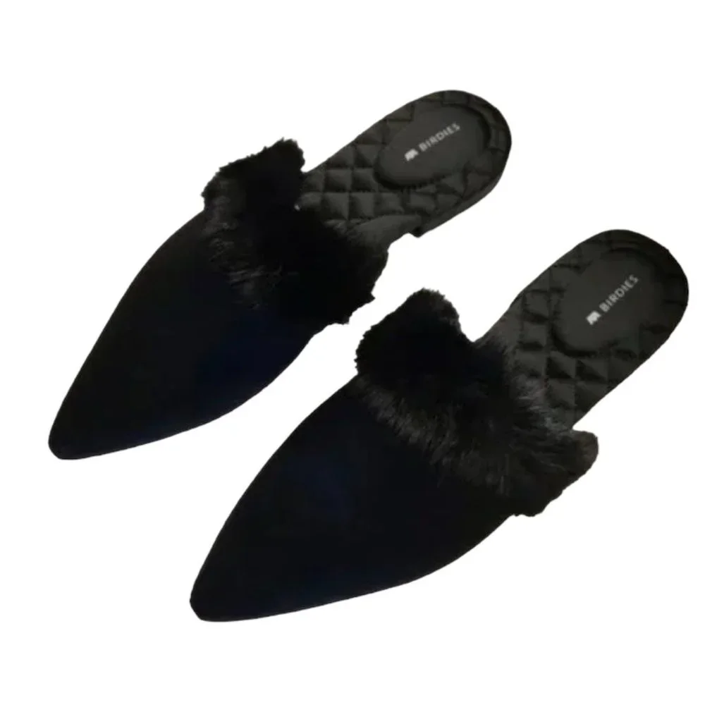 Birdies The Dove Onyx Womens Fur Pointed Toe Slip On Mules, Brand New In Box - Picture 4 of 5